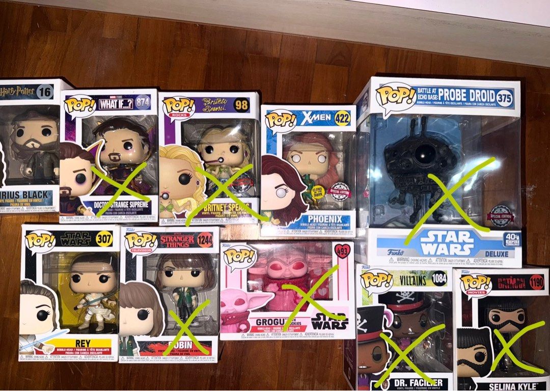 AUTHENTIC FUNKO POPS ALL MUST GO : Marvel Dr Strange Supreme Stranger things robin Star Wars grogu probe droid Selina Kyle Batman x men Britney Harry Potter Rey Disney villains Dr facilier (Category: Toy Figures) located in Singapore. Submitted by markinthedark (Listing ID 1378280258, Image 1). Description: Willing to nego SERIOUS BUYERS ONLY Dm for full pictures. PROBE DROID is $15 ! Catalogue: Sirius Black Harry Potter Valentine Grogu with Cook