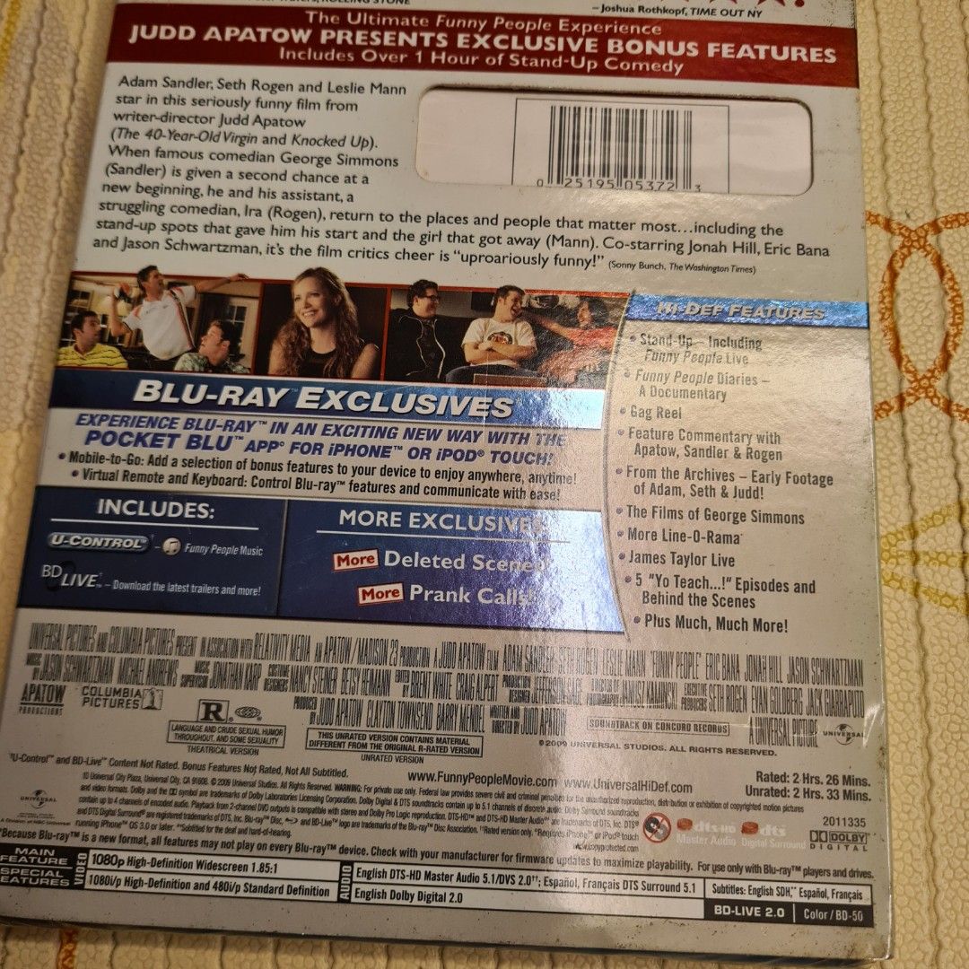 FREE TRACKABLE SHIPPING AND NEW AND SEALED! Adam Sandler, Seth Rogen, Lesile Mann, Jonah Hill, Eric Bana's Comedy Funny People 2-Disc Unrated Collector's Edition Blu-ray (Category: CDs & DVDs) located in Singapore. Submitted by doraguy (Listing ID 1418722835, Image 3). Description: Adam Sandler plays George Simmons, a successful comedian of Adam Sandler proportions who is diagnosed with a fatal blood disease. Faced with impending death, he recogn