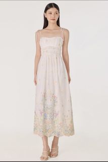 LOVET GARDENIA PADDED EMBROIDERED FLORAL CHIFFON RIBBON-TIE MIDAXI DRESS
