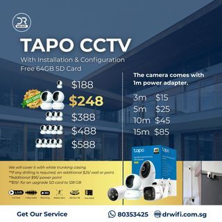 CCTV Installation Package from $188 / 2 Cameras $248 / Tapo Security Camera / Indoor Outdoor IP Camera / Free 64GB SD Card / 2-Year Warranty / Night Vision 2-Way Audio / View on Phone / Baby Pet Monitor / HDB Condo Landed Shop / Install + Configure