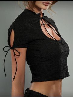 Black Textured Crop Top with Tie Details