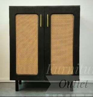 [Free Installation] 2 Door Deep Black Real Rattan + Solid Wood Kitchen Cabinet Shoe Cabinet