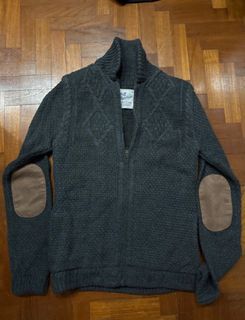 Topman Wool Blend Zip-Up Sweater with Elbow Patches (S)