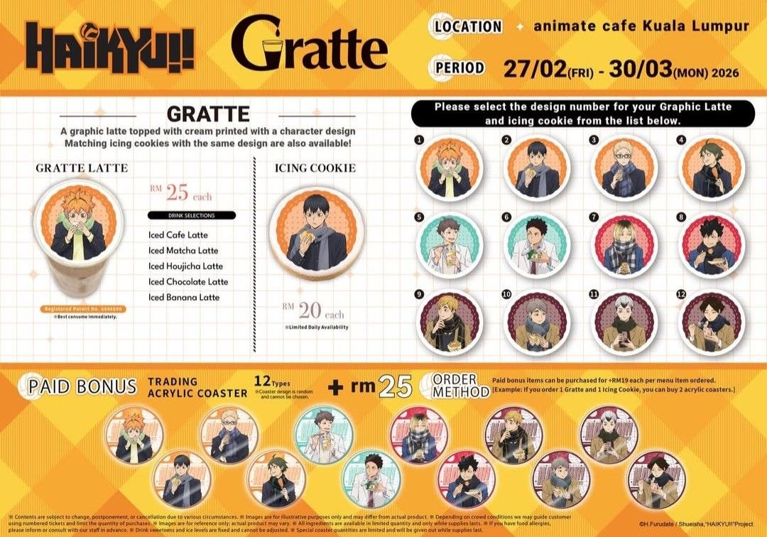 Animate - Haikyuu x Gratte Cafe Goods (Category: Other Merchandise) located in Singapore. Submitted by bookish.finds (Listing ID 1425894270, Image 1). Description: Rate: x0.40 Will be going for Haikyuu collab in KL at the end of the month! Icing cookies are available for design selection. Add on acrylic coasters are randomised! Feel free to chat if interested or have any queries!.