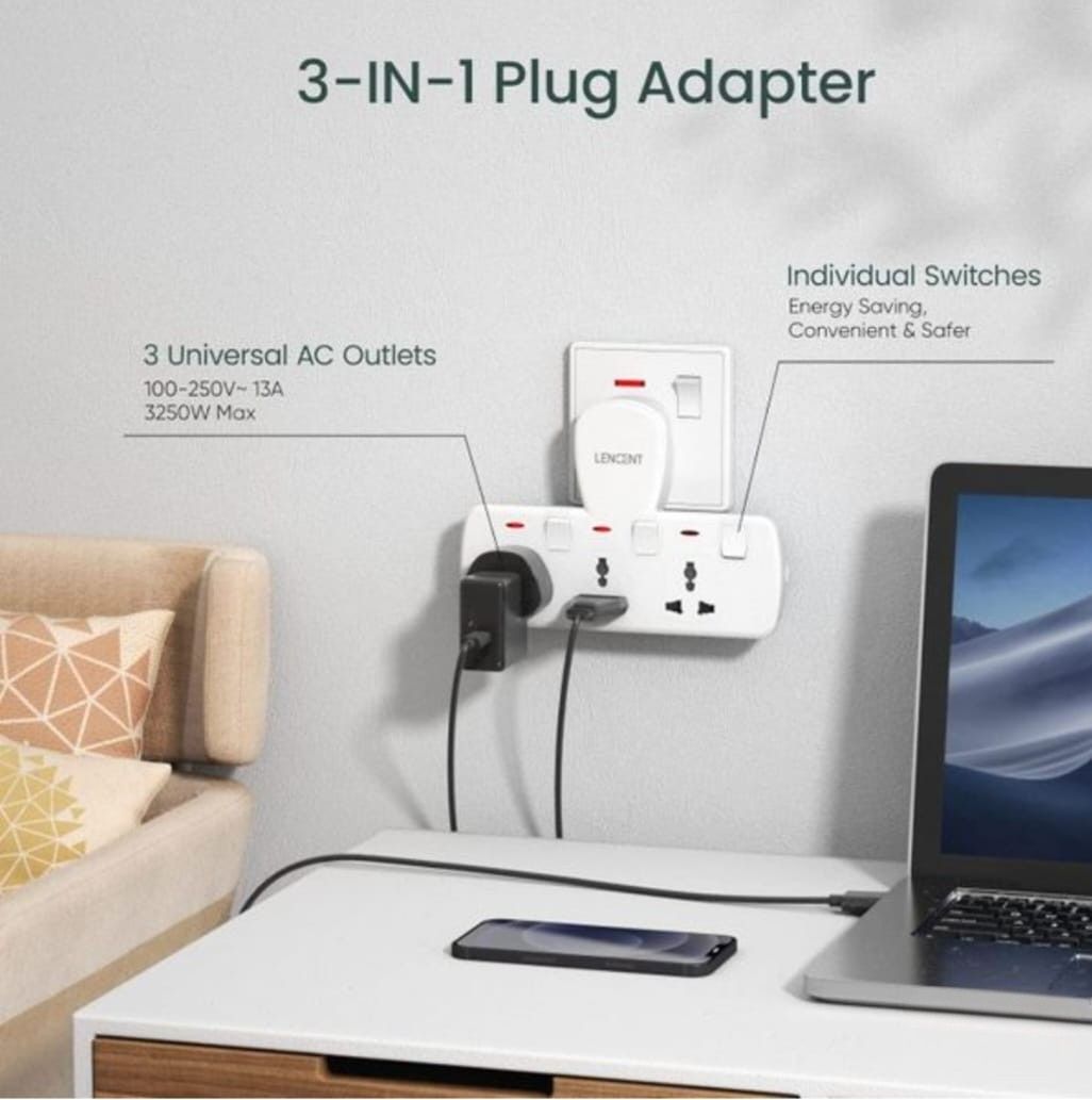 Lencent 3 in 1 Universal Extension Wall Plug with Individual Switch (Category: Electrical, Adaptors & Sockets) located in Singapore. Submitted by sellingtreasureonline80 (Listing ID 1424554358, Image 2). Description: - Lencent 3-in-1 Universal Extension Wall Plug - Features 3 universal AC outlets - Individual switches for each outlet - Sleek white design - Multiple protection features (short-circuit, overload, etc.) - Compact and space-saving - E