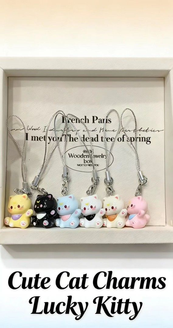 Cute Cat Charms - Lucky Kitty (Category: Character Goods) located in Singapore. Submitted by lifeisabook (Listing ID 1429635383, Image 2). Description: Adorable Lucky Kitty cat charms! These cute charms come in a variety of colours and are perfect for adding a touch of whimsy to your phone, bag, or keys. Each charm has a silver lanyard. Great as a gift or a treat for yourself! 2 sgd for 1 keychain that you had selected. 3.50 sgd for 2 keychains. 