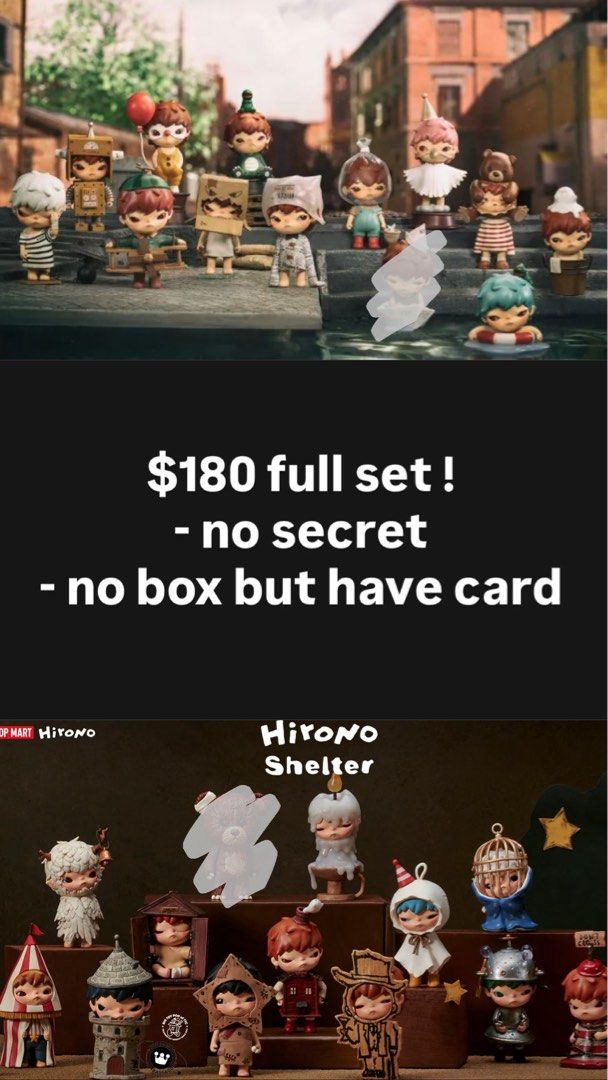 POP MART Hirono Shelter Full Set - No Secret (Category: Designer & Blind Box Toys) located in Singapore. Submitted by hkobsessed67 (Listing ID 1431736789, Image 1). Description: Selling a full set of Hirono Shelter & mischief blind box figures. Figures come with cards but no boxes. Price is fixed..