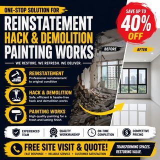💥 SAVE UP TO 40% OFF 💰 | 🔨 Hacking & Wall Demolition | 🎨 Painting Services | 🏢 Office / Shop Reinstatement | 🏗️ Commercial Renovation | 🧱 Partition | 🔝 Ceiling | 🪟 Window Works | 👷 Direct Contractors | ⭐ Cheap & Reliable