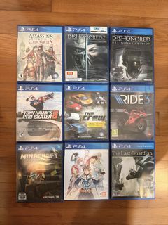 ($14 each) PS4 game  Assassin’s creed chronicles  / Dishonored 2 / Dishonored definitive / Tony hawk’s pro skater 5 / The crew / Ride 3 / Minecraft / Tales of Zestiria / The last guardian