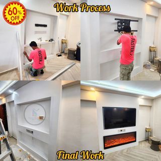 ✨Tv Mount wall Installa/Tv Backing wall/Tv Arch wall with Light Install/Arch Design Tv wall/False Ceilling/Trunking box up/Shelves/Plywood Support Tv Unit Mount wall/Tv Console install/Gypsum wall/Feature Partition wall/Painting/pipe Box up/reg.company
