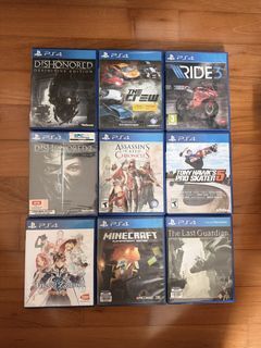 ($14 each) PS4 game  Dishonored definitive / The crew / Ride 3 / Dishonored 2 / Assassin’s creed chronicles / Tony hawk’s pro skater 5 / Tales of Zestiria / Minecraft / The last guardian
