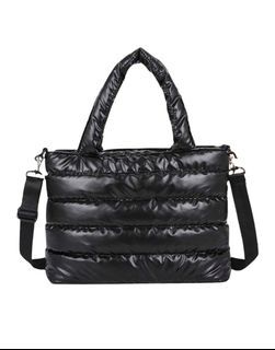 Black Puffer Tote Bag with Shoulder Strap