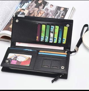 Black Leather Long Wallet with Wrist Strap