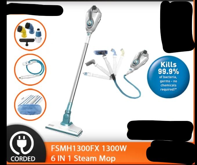 Black+Decker FSMH1300FX 6-in-1 Steam Mop (Category: Vacuum Cleaner & Housekeeping) located in Singapore. Submitted by lgnat (Listing ID 1435259581, Image 1). Description: - Black+Decker 6-in-1 steam mop - Kills 99.9% of bacteria and germs - Chemical-free cleaning - Corded design - Includes multiple attachments - Powerful 1300W output.