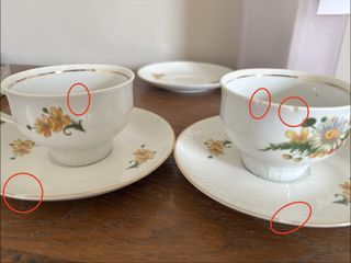 (Set No. 2 with sign of age, still good for excellent display pieces or "special occasion" cups for a traditional coffee service) Vintage fascinating historical background “Made in German Democratic Republic" Tea Cup Set by Henneberg Porzellan X 2
