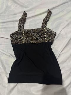 Leopard Print Strap Top with Pearl Details