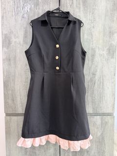 Saturday Club Black Sleeveless Dress with Gold Buttons with Pink Contrast Hem