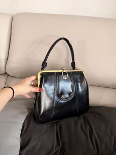 Vintage thrifted Black Handbag with Gold Accents shoulder carry hand bag