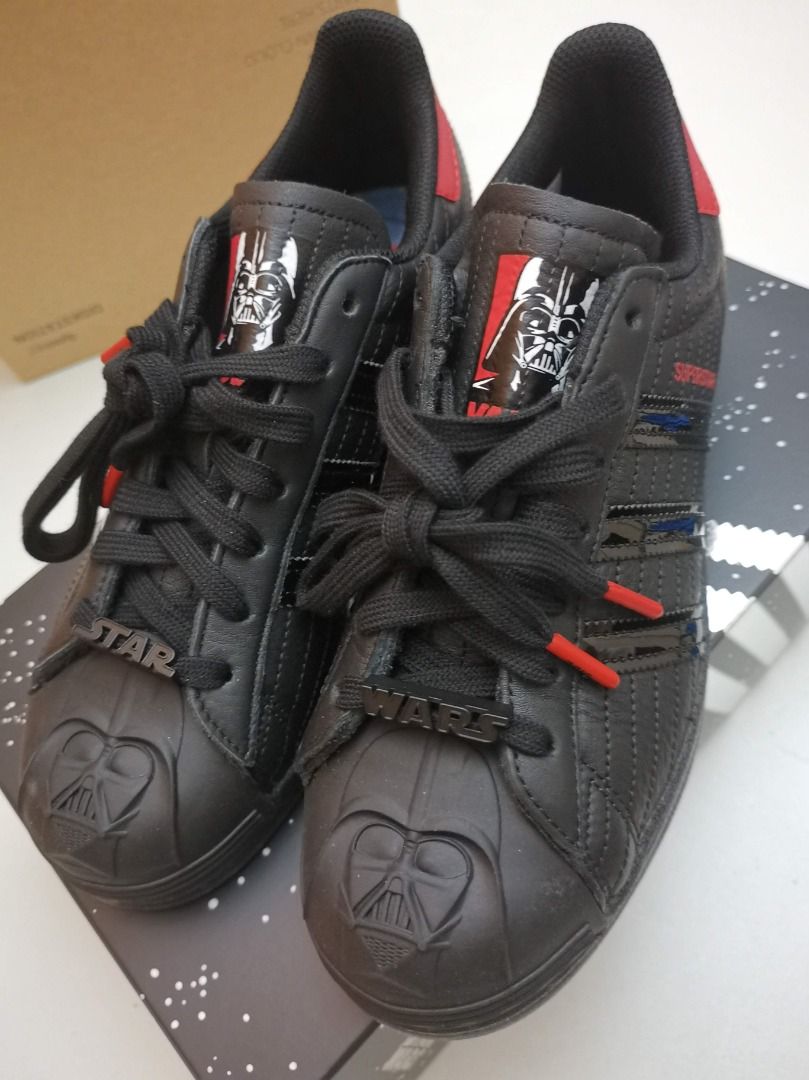 Adidas Superstar X Darth Vader (Star Wars) BNIB (Category: Sneakers) located in Singapore. Submitted by sgshop4u (Listing ID 1439677913, Image 5). Description: Collector's Item. Direct from Adidas Official Store SG. Superstar Series. Limited Edition Star Wars Collection. Brand New. Unused. Kept as collectible. Size: US8 / UK7.5 / EU 41 Actual length of inner sole is 265 mm. Please compare this to yours to make sure it’s correct as NO TRYING allow