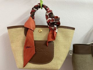 Longchamp Straw Tote Bag with Scarf Accent
