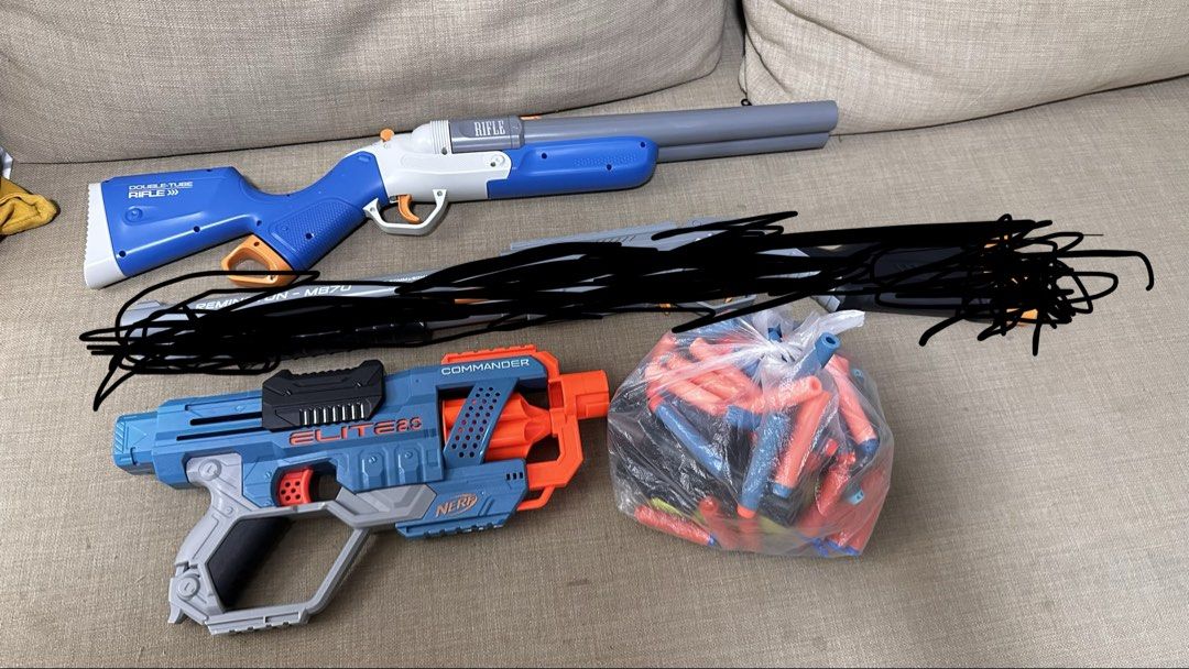 Nerf Gun Bundle - Various Models (Category: Action & Battle Toys) located in Singapore. Submitted by yassha (Listing ID 1438121462, Image 1). Description: - Nerf gun bundle - Includes: - Double-barrel rifle - Remington M870 style blaster - Elite 2.0 Commander - Includes a bag of darts - Great for Nerf battles or collectors.