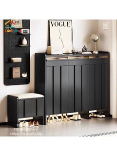 Vintage solid wood shoe cabinet, entryway/living room storage, slab finish, large capacity, wall-mounted integrated cabinet.