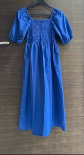 Blue Smocked Square Neck Puff Sleeve Maxi Dress