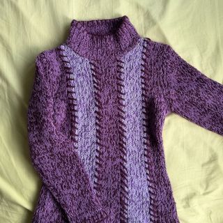 Thrifted Purple Turtleneck Knit Sweater jacket cardigan pullover with Striped Pattern