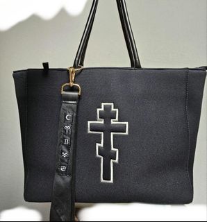 The GazettE Black Moral Rad Market Black Structured Tote Bag with Cross Embroidery & Detachable Strap Emo Gothic Japanese Rock Visual Kei Lolita Y2K Grunge