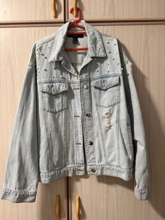 Forever 21 Light Wash Distressed Denim Jacket with Pearls