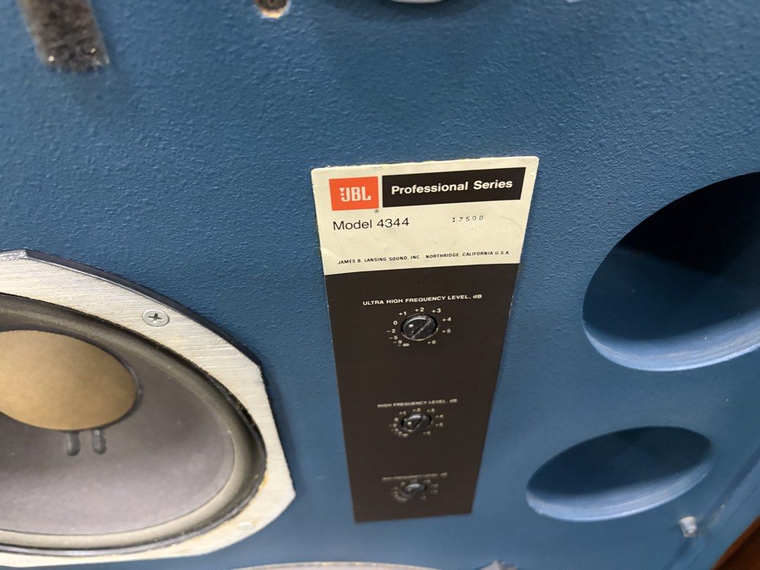 JBL Professional Series Model 4344 Studio Monitors (Category: Soundbars, Speakers & Amplifiers) located in Singapore. Submitted by madrix (Listing ID 1440963140, Image 4). Description: - Selling a pair of JBL Professional Series Model 4344 studio monitors. - Large format speakers with iconic blue baffle and wood veneer finish. - Features adjustable frequency level controls. - Perfect for serious audio enthusiasts and studio use. - Sold as a match