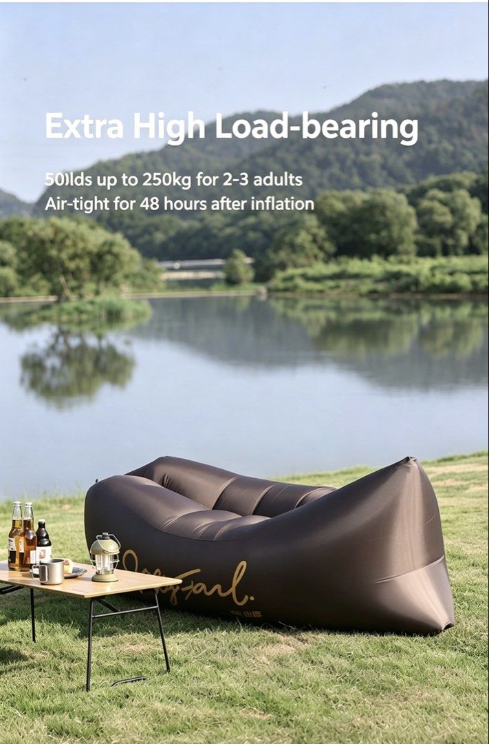 Outdoor Inflatable Air Sofa, Portable Waterproof Blow Up Lazy Couch for Beach, Park & Backyard (Category: Hiking & Camping) located in Singapore. Submitted by the_outdoor_potato (Listing ID 1441048621, Image 3). Description: SunnyFeel inflatable air sofa offers pump‑free quick inflation and stable support. Made of tough waterproof fabric, it is lightweight and compact, perfect for camping, beach and backyard use. 1. 3s Quick Inflation No pump req