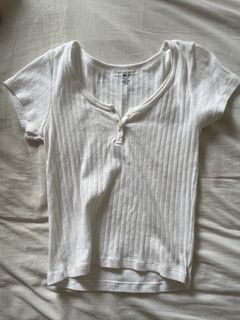 Brandy Melville White Ribbed Eyelet Henley Top