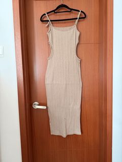 Beige Ribbed Midi Dress with Waist Cutouts