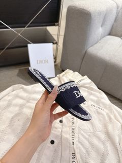 Dior Navy Blue Embroidered Slides