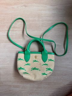 RARE Longchamp Mini Pliage Straw Handbag with Green Accents