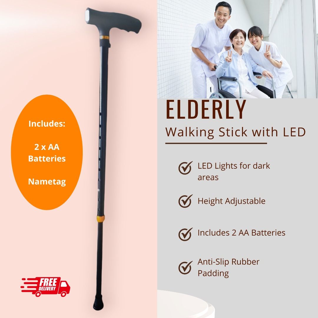 Elderly Walking Stick with LED Lights (Category: Rehabilitative Devices) located in Singapore. Submitted by novagrande (Listing ID 1436549050, Image 1). Description: Local Distributor of Class A Low Risk Medical Devices This walking stick comes with a built-in LED torch at the base. Ideal for night walks or dimly lit areas. ✅ Height adjustable and fits most users ✅ Comfortable T-grip ergonomic handle ✅ Bright LED light at the tip for night safety