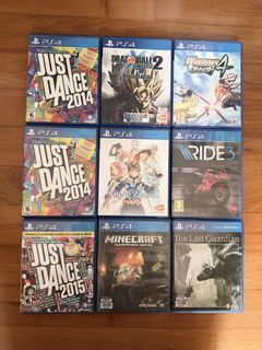 ($14 each) PS4 game  Just dance 2014 / Dragonball xenoverse 2 / Warriors Orochi 4 / Just dance 2014 / Tales of Zestiria / Ride 3 / Just dance 2015 / Minecraft / The last guardian