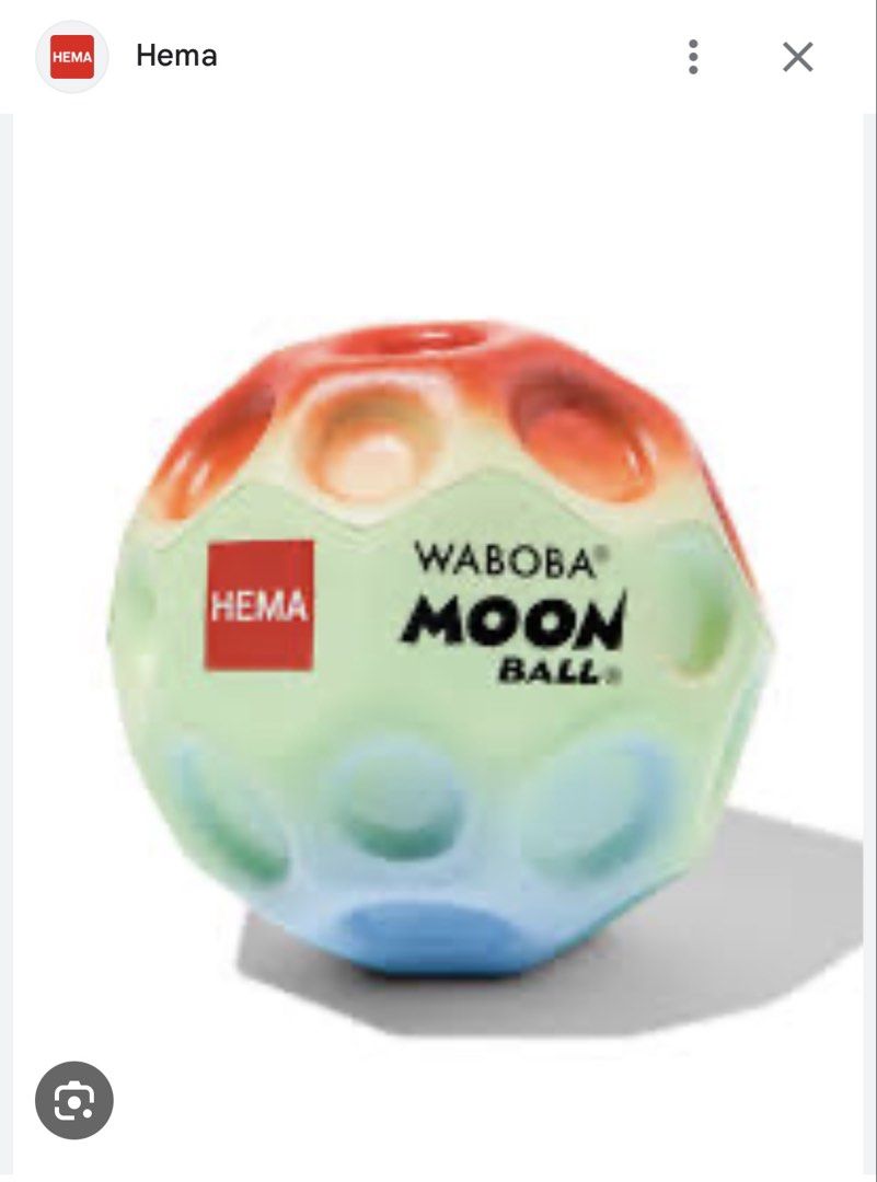 Waboba Moon Ball by Hema (Category: Kids Toys) located in Singapore. Submitted by happygreendoll (Listing ID 1443223056, Image 1). Description: - Authentic Waboba Moon Ball from Hema - Unique cratered design - Gradient colors: Red, Green, Blue - Perfect for outdoor bouncing fun - Suitable for all ages Bought in Amsterdam a few days back for €5.99. No receipt. Has wrap-around plastic (but torn in travel). Price includes $2 SingPost mail with track