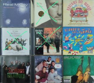 arthcd CDs at $3 each - Phil Collins, Hi-Five, Real McCoy, Jimmy Eat World, Four Weddings & A Funeral soundtrack, When Harry Met Sally, Rhythms Del Mundo Cuba, Sounds Like Summer, The Sicilians
