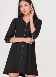 Fayth Black Button Front Midi Kaylee Babydoll Dress