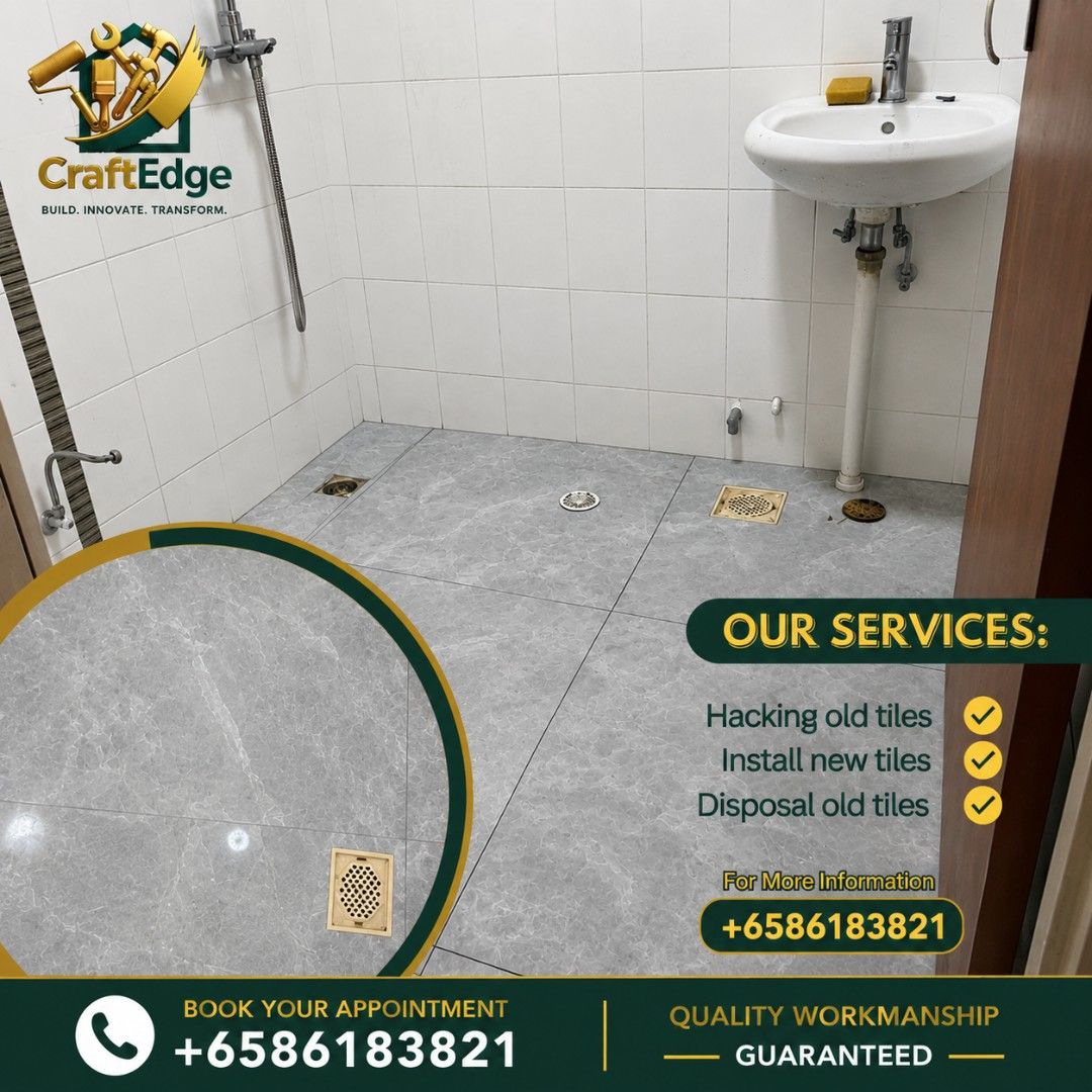 Tiling/Hacking/Dismentle / Renovation/Disposal / Reinstatement/Condo/Hdb/Direct Contractor/Demolition service/ kitchen Hacking/whole house hacking/Toilet hacking/registered company (Category: Toilet Renovation) located in Singapore. Submitted by craftedge (Listing ID 1444526625, Image 1). Description: CraftEdge — Professional Renovation Services in Singapore At CraftEdge, we handle every step of your renovation project with care, safety and effic