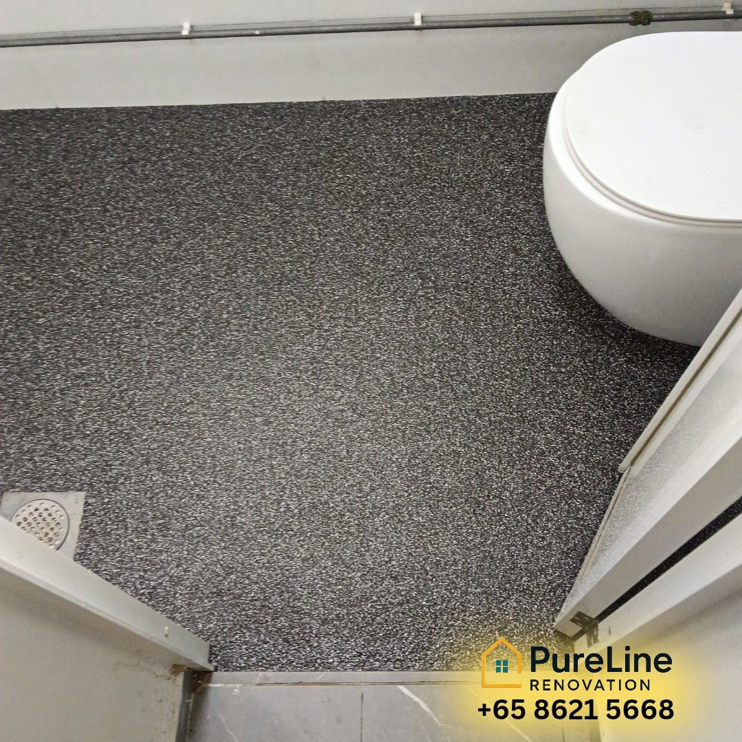 Toilet wall and floor renovation, Overlay on tiles, Epoxy flakes, Toilet wall floor epoxy, antislip flooring, Kitchen wall epoxy, pipe paint, water trap change,Waterproof floor epoxy, No groutline etc (Category: Toilet Renovation) located in Singapore. Submitted by pureline_renovation (Listing ID 1444584727, Image 5). Description: ✨ Flakes & Pebble Epoxy Flooring in Singapore – PureLine Renovation ✨ ✨ Upgrade Your Floors with PureLine Renovation 