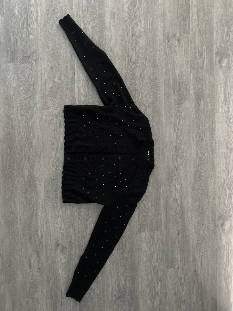 SHEIN Black Rhinestone Button Up Cardigan (Category: Coats, Jackets and Outerwear) located in Singapore. Submitted by kohyixin (Listing ID 1444713442, Image 3). Description: - Cute black cardigan from SHEIN - Features scattered rhinestones all over - Button closures down the front - Scalloped edge neckline and hem - Long sleeves - Ideal for layering.