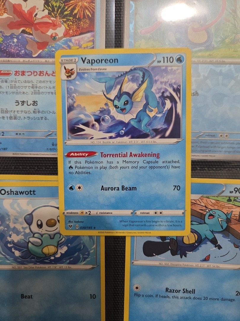 Vaporeon - 030/185 Vivid Voltage Common Card (Category: Raw Cards) located in Singapore. Submitted by cottoncandy.owl (Listing ID 1441505142, Image 1). Description: $2. Comes with sleeve and toploader. Mail +$2..