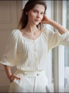 MOTF Knit Jacquard Square Neck Puff Sleeve Blouse Cream
