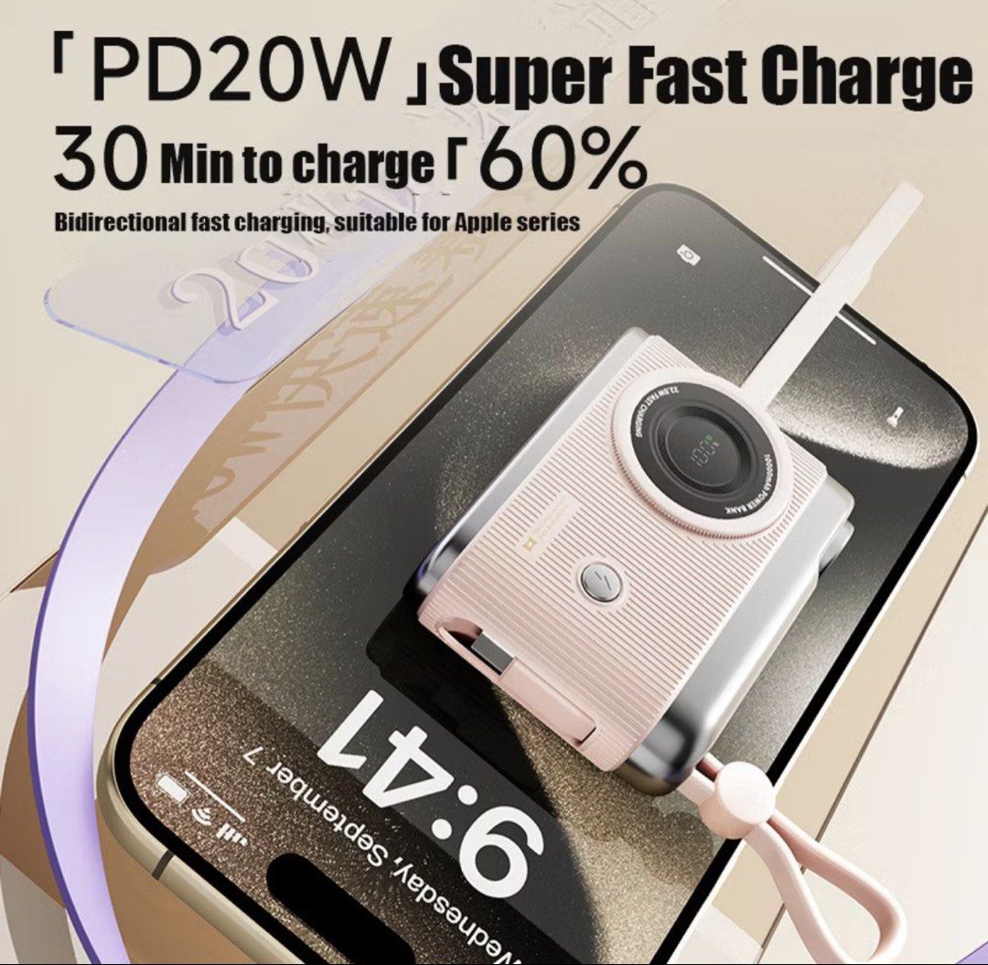 10000mAh Camera Power Bank PD 20W Fast Charging Pink (Category: Power Banks & Chargers) located in Singapore. Submitted by mintychococat (Listing ID 1445474302, Image 5). Description: - Adorable camera-shaped power bank - Compact palm size - 10000mAh capacity - PD 20W super fast charging (60% in 30 mins) - Bidirectional charging - Compatible with Apple devices - LED digital display for battery level - Lightweight and portable - Includes a conveni