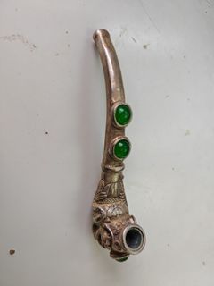 Antique Silver Pipe with Green Jade Inlays