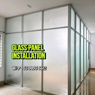 Glass panel installation/black film glass installation/privacy film commercial glass panel/shower screen install/partition wall/rockwool/sound proof partition/toilet vanity install/painting service/commercial project/office partition/false ceiling install