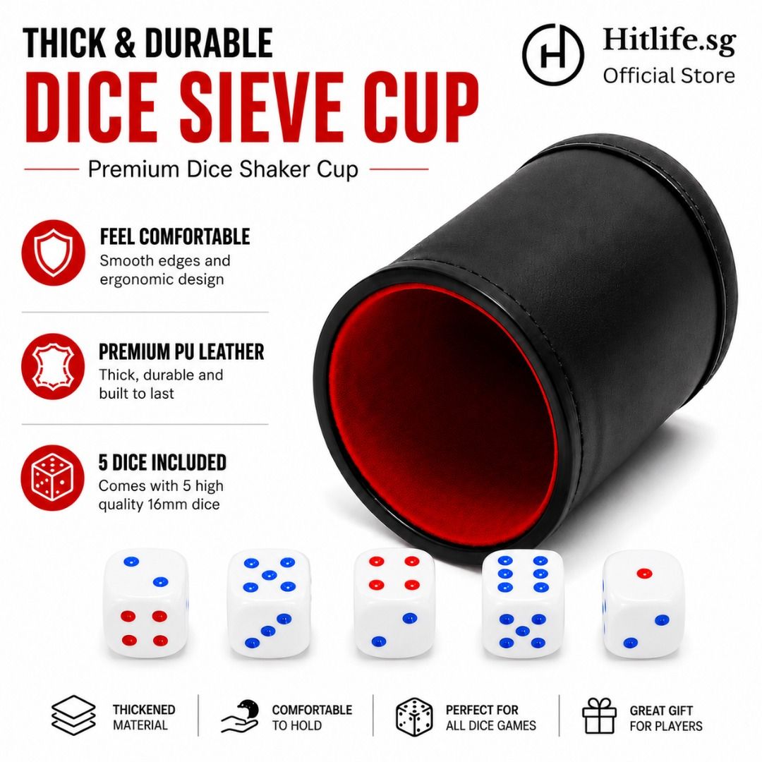 PU Leather Dice Cup Set, Roulette, Hammer Shots, Wheel of Shots Party Bar Club KTV Entertainment Drinking Party Game Supplies (Category: Board Games & Puzzles) located in Singapore. Submitted by hitlifesg (Listing ID 1360460300, Image 2). Description: 1 PU Leather Dice Cup + 5 White 16mm Dice: $5 Minimum Purchase: 2 sets Bulk order price: $4.50 (more than 10 sets) Wheel of Shots: $5 Hammer Shots: $10 Roulette: $10 Standard Delivery (2-4 working d
